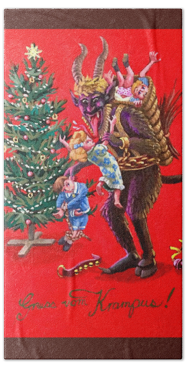 Krampus Hand Towel featuring the painting Please Be Good by Don Morgan