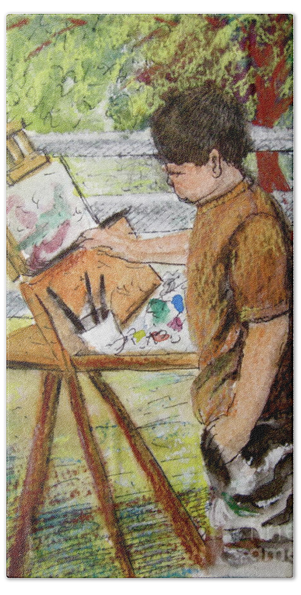 Boy Hand Towel featuring the painting Plein-Air Painter Boy by Gretchen Allen