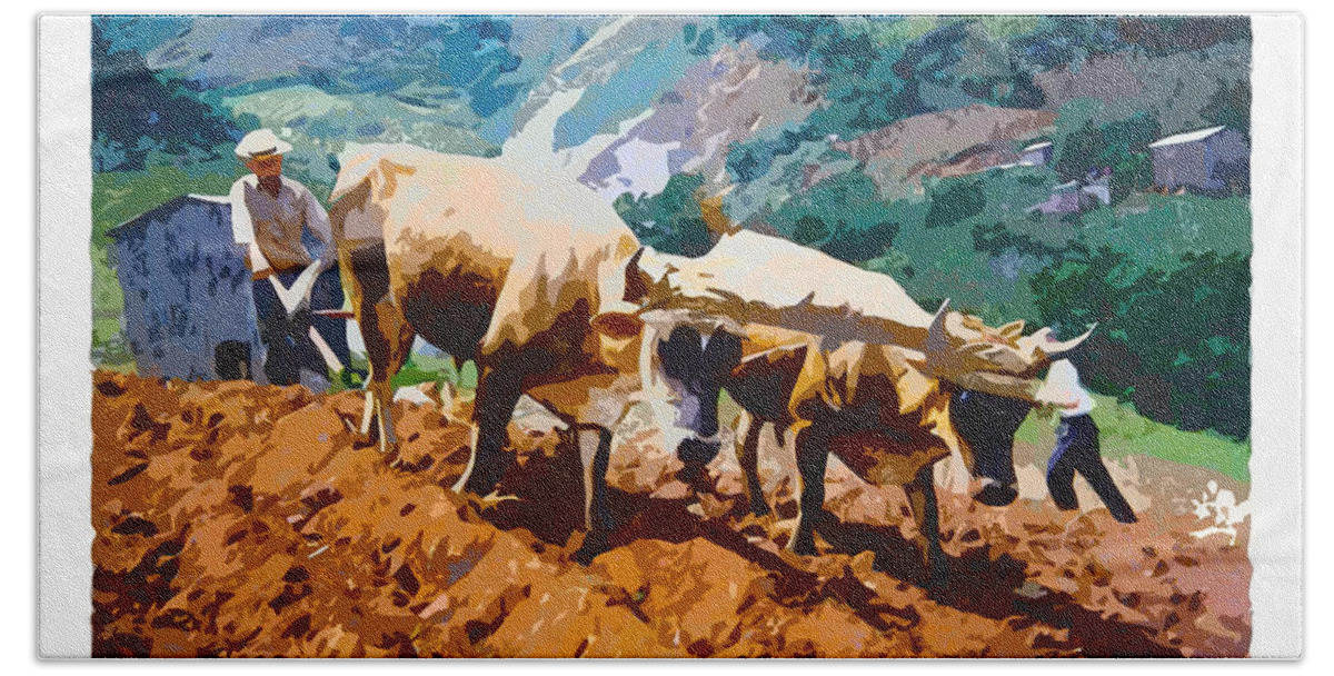 Plow Bath Towel featuring the digital art Plowing with oxen by Charlie Roman