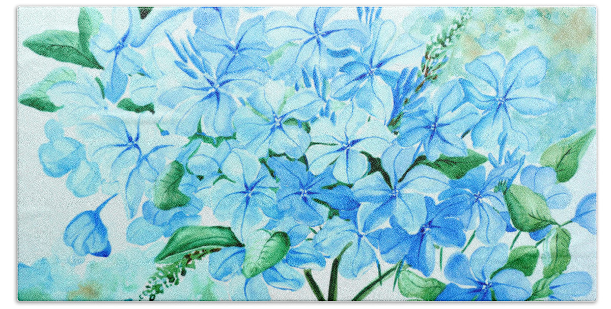Floral Blue Painting Plumbago Painting Flower Painting Botanical Painting Bloom Blue Painting Hand Towel featuring the painting Plumbago by Karin Dawn Kelshall- Best