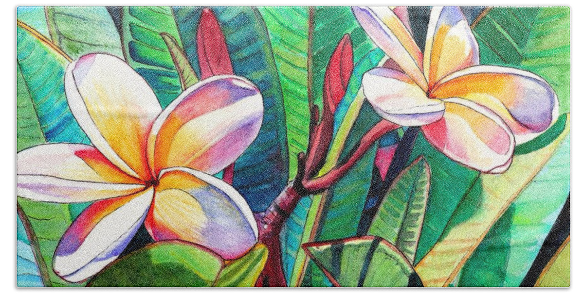 Plumeria Hand Towel featuring the painting Plumeria Garden by Marionette Taboniar