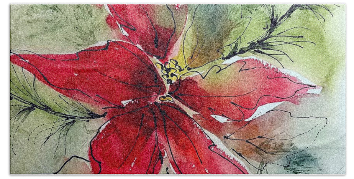 Poinsettia Hand Towel featuring the painting Poinsettia Abstraction by Lisa Debaets