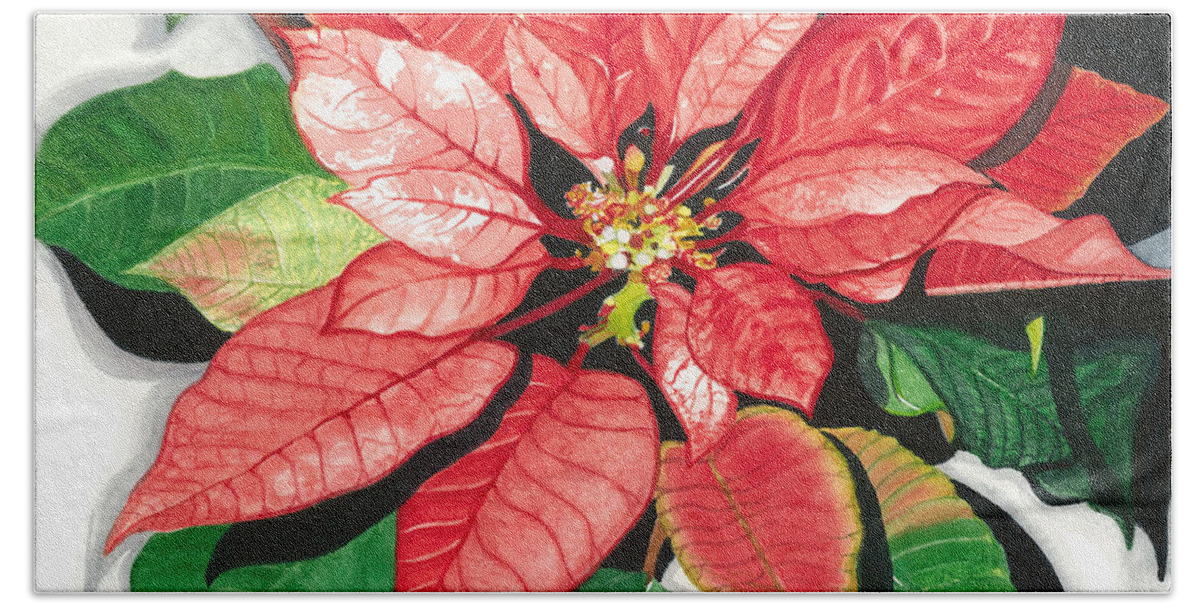 Red Flower Hand Towel featuring the painting Poinsettia, Star of Bethlehem by Barbara Jewell