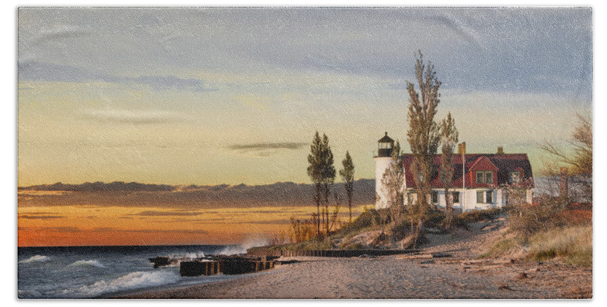 Art Bath Towel featuring the photograph Point Betsie Lighthouse at Sunset on Lake Michigan by Randall Nyhof
