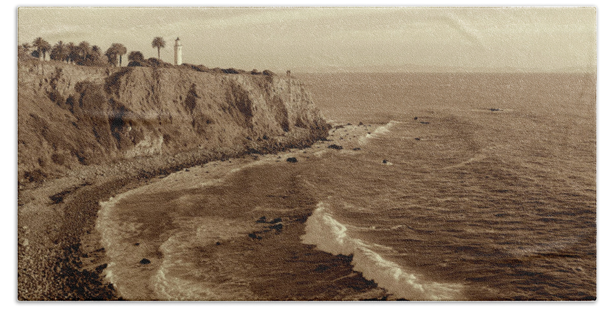 Point Vicente Lighthouse Hand Towel featuring the photograph Point Vicente Lighthouse Palos Verdes California - Sepia rendition by Ram Vasudev