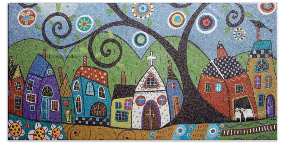 Church Saltboxes Houses Village Town Tree Swirl Tree Painting Acrylic Painting Buy Art Buy Prints Sheep Barn Houses Folk Art Abstract Modern Art Contemporary Painting Original Painting Colorful Art Unique Painting Colorful Houses Blooming Tree Flowering Tree Blackbird Karla G Stripes Swirls Mountains Pillows Prints For Sale Bath Sheet featuring the painting Polkadot Church by Karla Gerard
