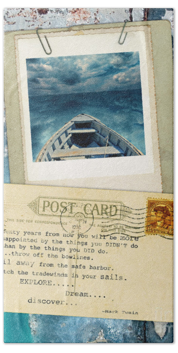 Boat Hand Towel featuring the photograph Poloroid of Boat with Inspirational Quote by Jill Battaglia