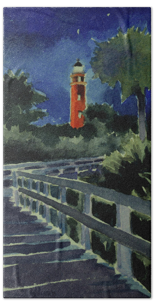 Original Hand Towel featuring the painting Ponce Inlet Lighthouse before dawn 7-5-17 by Julianne Felton