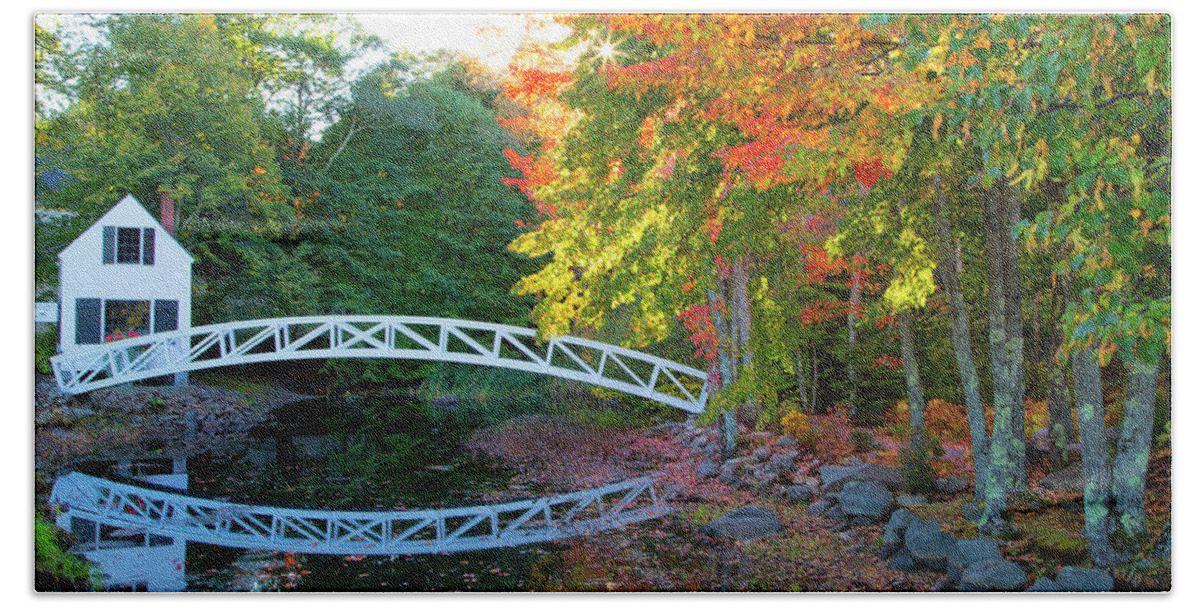 Reflection Bath Towel featuring the photograph Pond Bridge Reflection by Nancy Dunivin