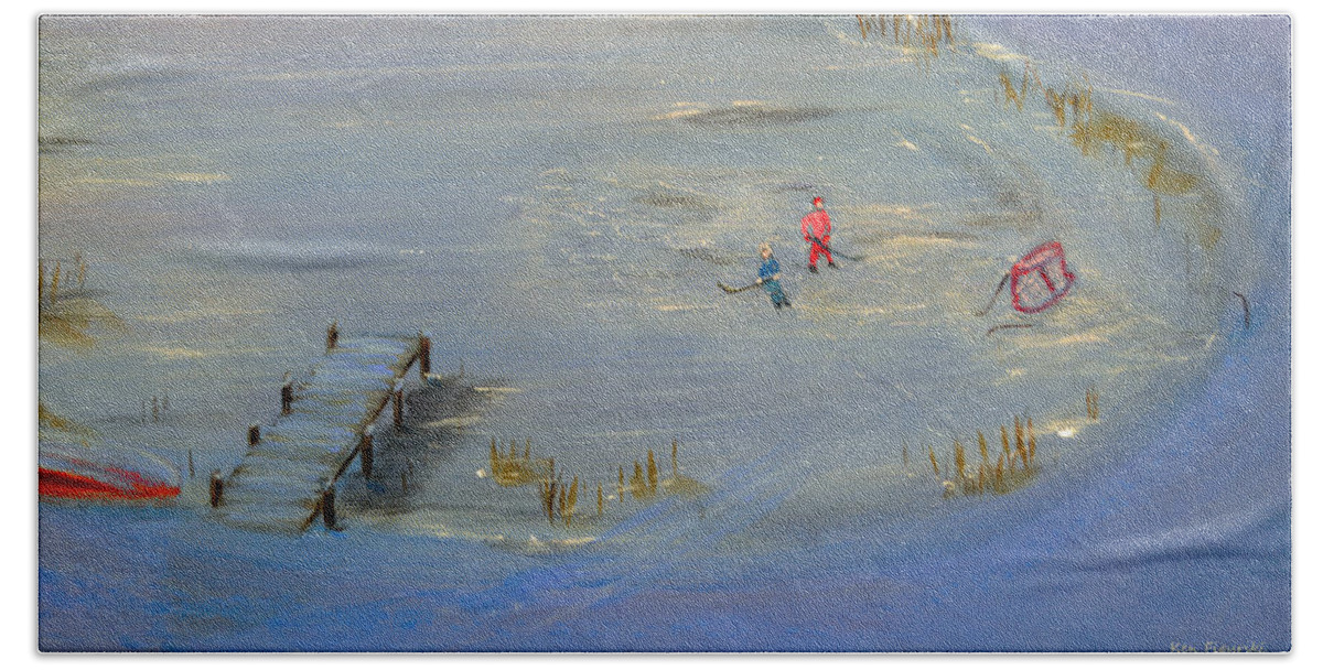 Sleigh Hand Towel featuring the painting Pond Hockey by Ken Figurski