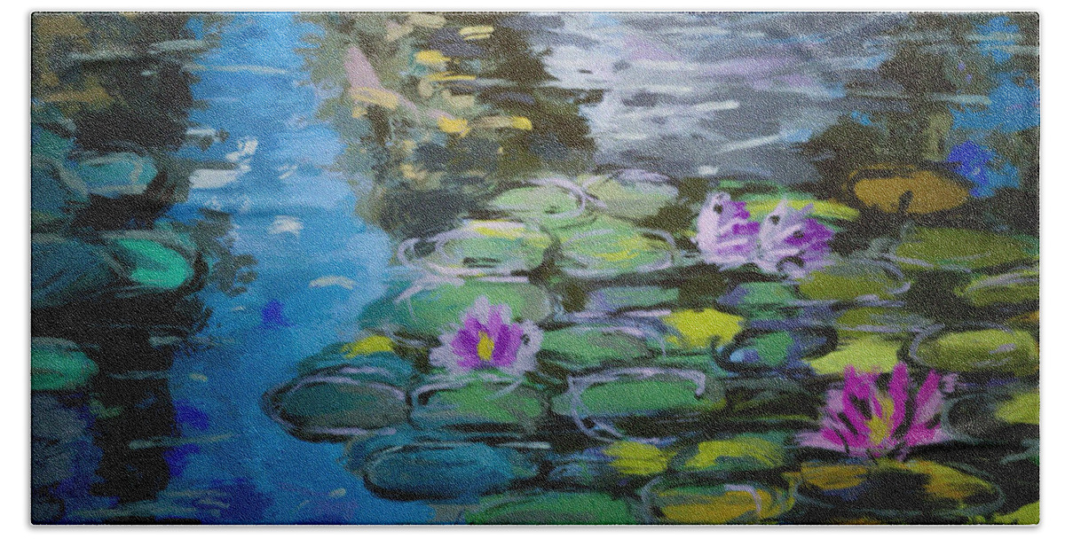 Pond Bath Towel featuring the painting Pond In Monet Garden by Vit Nasonov