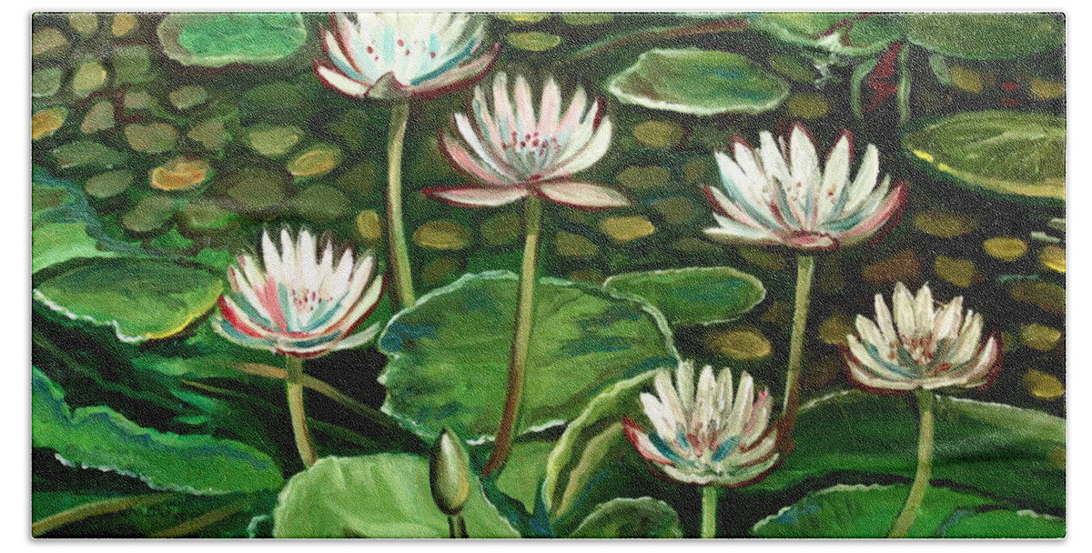 Water Bath Towel featuring the painting Pond of Petals by Elizabeth Robinette Tyndall
