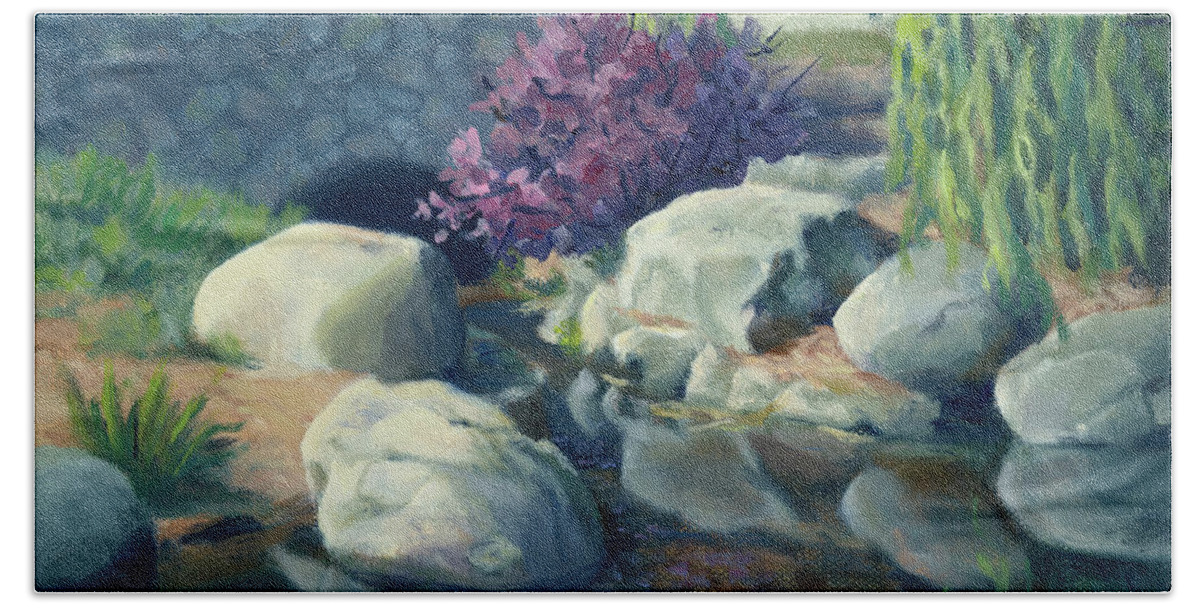Pond Bath Towel featuring the painting Pond of Reflection by Sandy Fisher