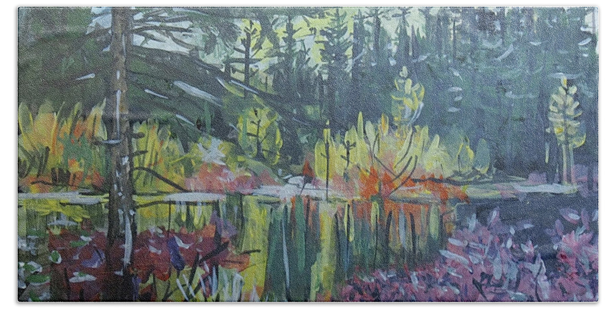 Acrylic Bath Towel featuring the painting Pond Reflections by Joseph Mora