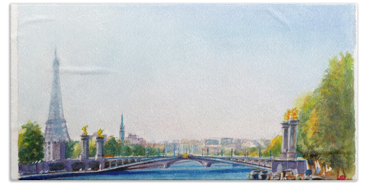 Paris Hand Towel featuring the painting Pont Alexandre III or Alexander the Third Bridge over the River Seine in Paris France by Dai Wynn