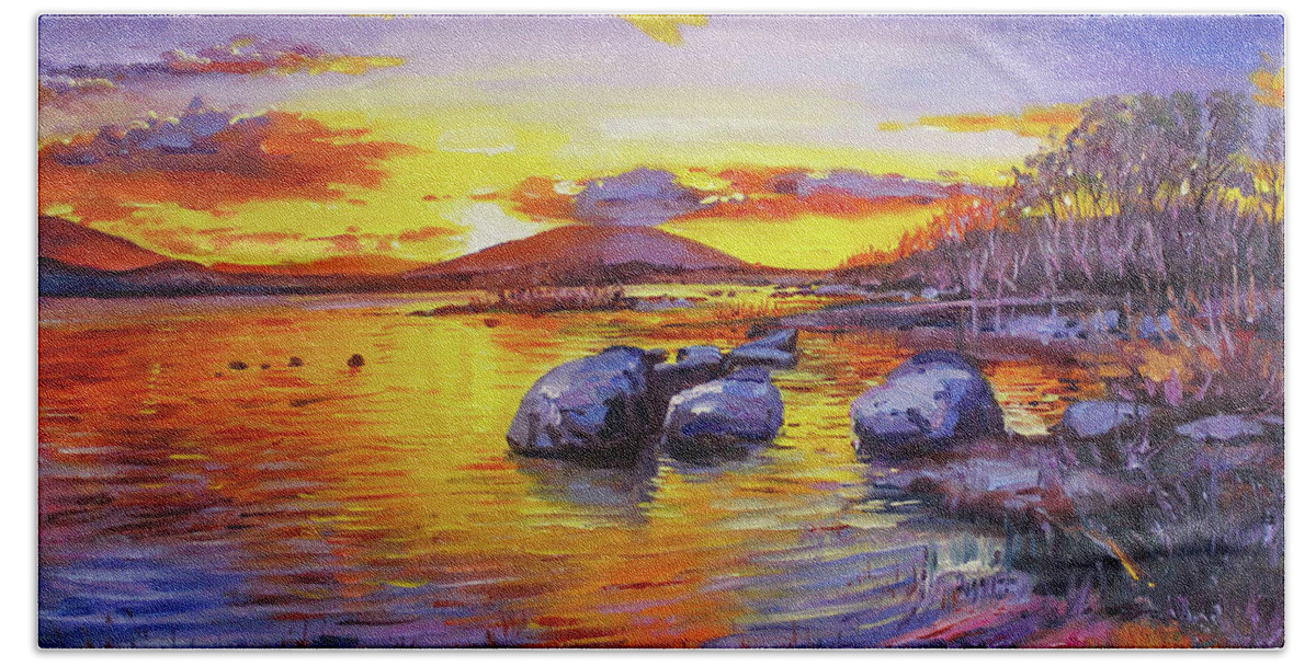 Pontoon Bath Sheet featuring the painting Pontoon Sunset by Conor McGuire