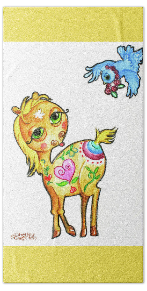 Pony Hand Towel featuring the mixed media Pony and the Bluebird Watercolor Pencil Art by Shelley Overton