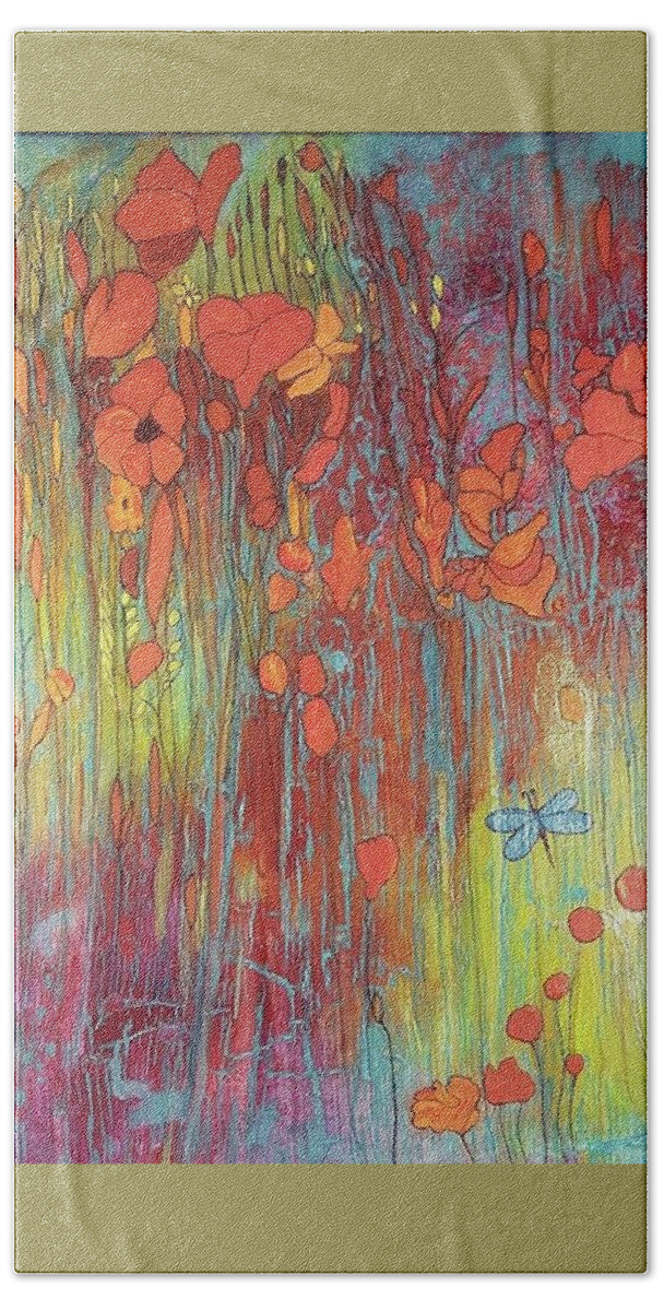 #acrylicpaintsandinks #acrylicabstracts #abstractartforsale.#originalartforsale #artandmusic #supportlocalartists #canvasart #sugarplum #sugarplumtheband.com Hand Towel featuring the painting Poppies and Dragonfly by Cynthia Silverman