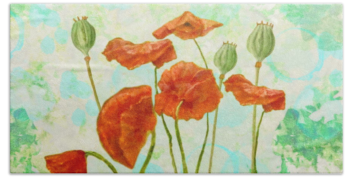 Poppies Bath Towel featuring the mixed media Poppies by Angeles M Pomata