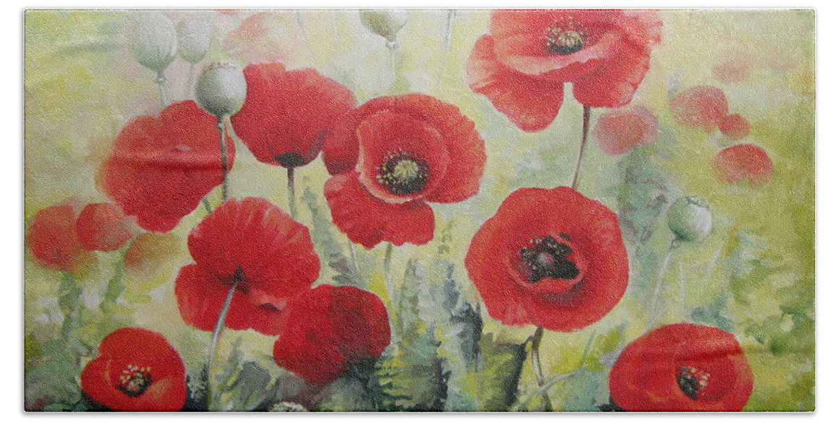Flowers Bath Towel featuring the painting Poppies by Elena Oleniuc