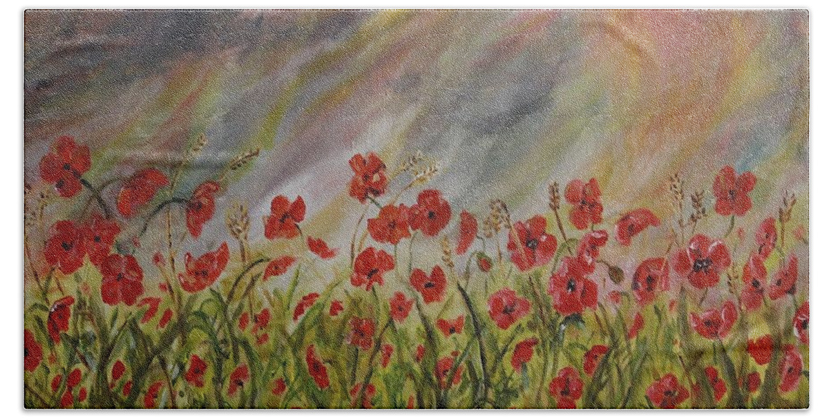 Poppies Hand Towel featuring the painting Poppies in a storm by David Capon