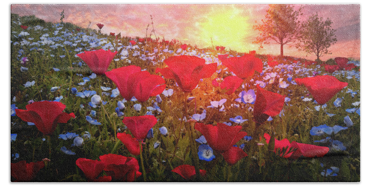 Appalachia Bath Towel featuring the photograph Poppy Fields at Dawn by Debra and Dave Vanderlaan