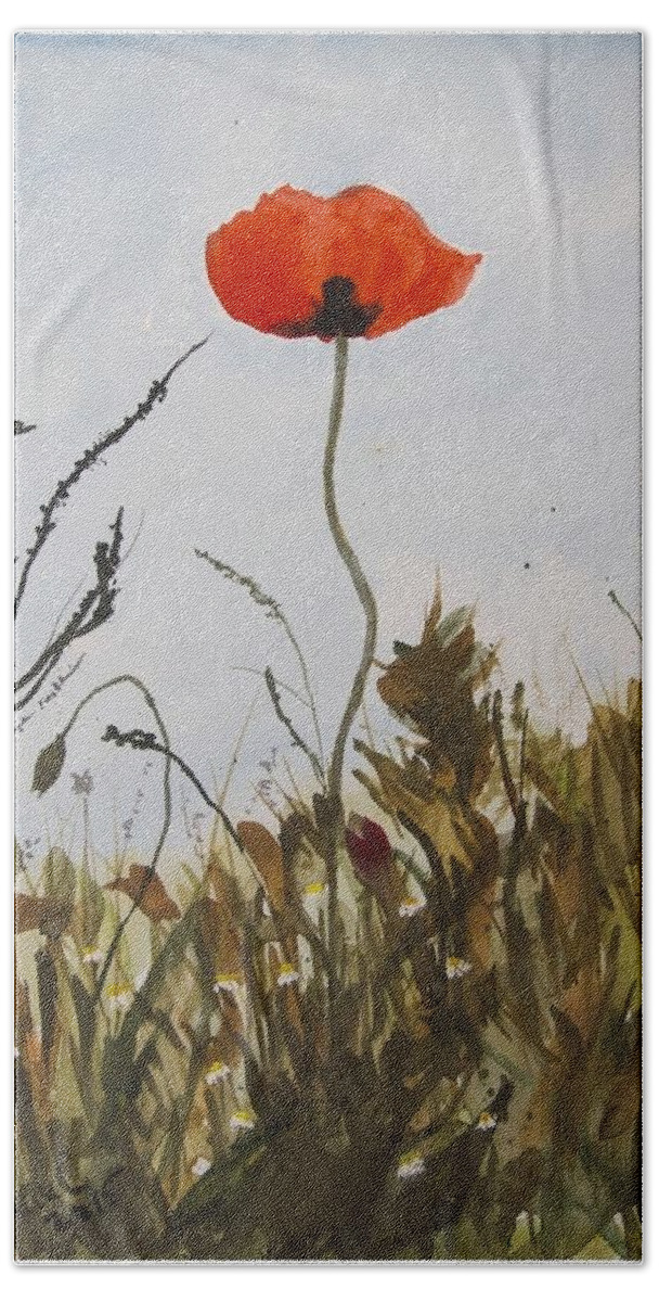 Poppy Bath Towel featuring the painting Poppy on the field by Manuela Constantin