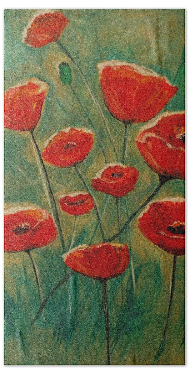 Poppy Hand Towel featuring the painting Poppy Surprise by Leslie Allen