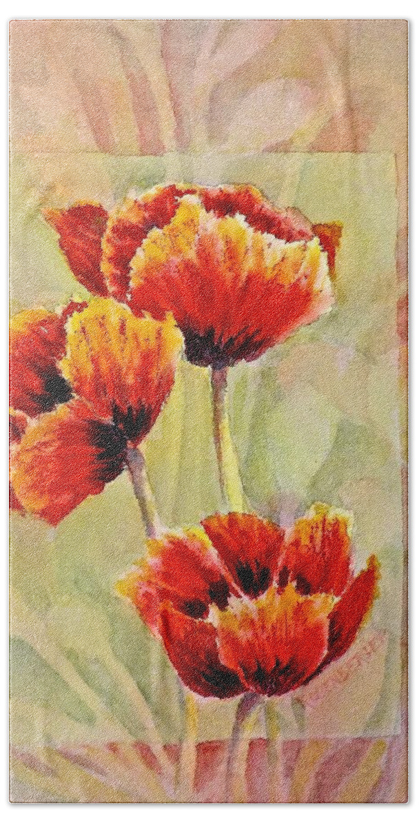 Watercolor Bath Towel featuring the painting Poppy Trio by Carolyn Rosenberger