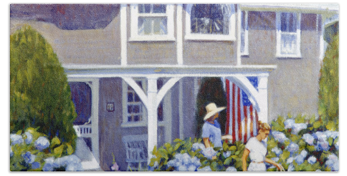 American Flag Bath Towel featuring the painting Porch Blues by Candace Lovely