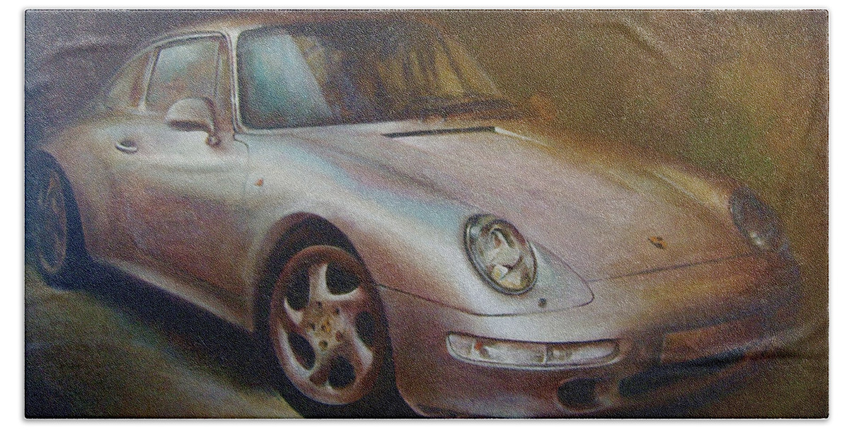 Car Hand Towel featuring the painting Porsche by Vali Irina Ciobanu