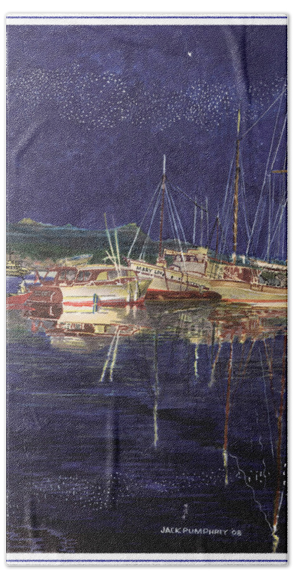 A Watercolor Painting Of The Port Orchard Marina At Night Will Look Good In Your Office Hand Towel featuring the painting Marina Evening Reflections by Jack Pumphrey
