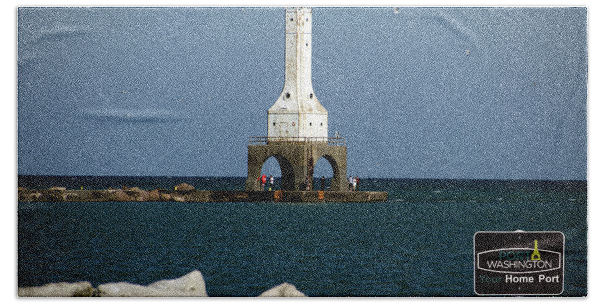 Lighthouse Bath Towel featuring the photograph Port Washington Lighthouse Wisconsin 01 Signage by Thomas Woolworth