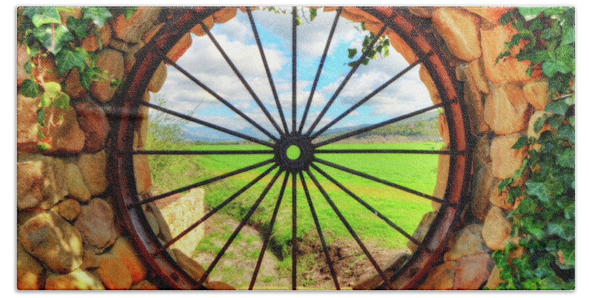 Fence Wall Grass Wheel Spokes Ivy Bath Towel featuring the photograph Portal by Wendell Ward