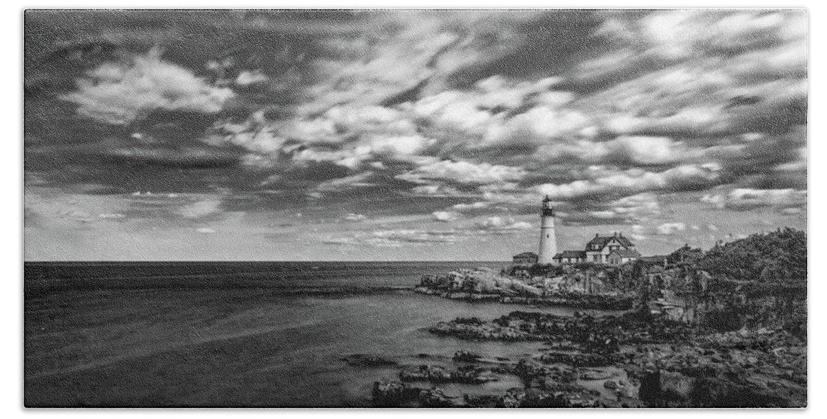 Portland Head Lighthouse Bath Towel featuring the photograph Portland Head Light in Black and White by Kristen Wilkinson