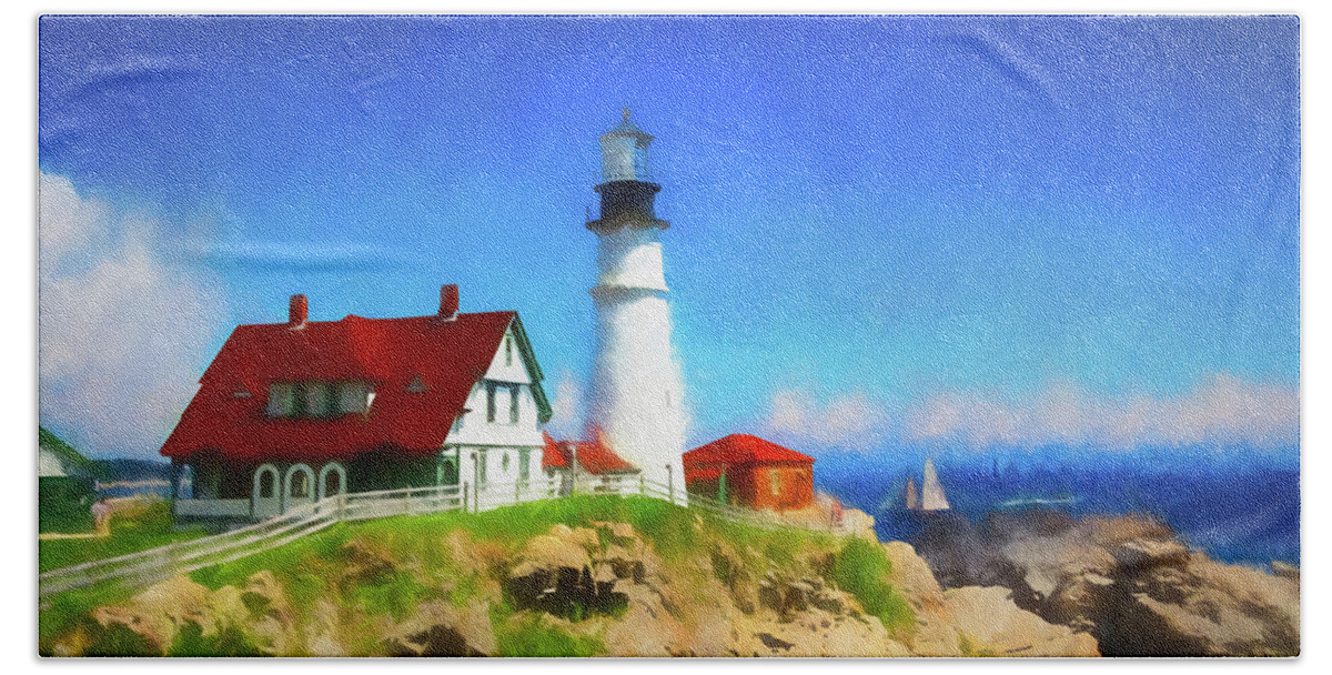 Lighthouse Bath Towel featuring the digital art Portland Head Light with sailboat by Barry Wills