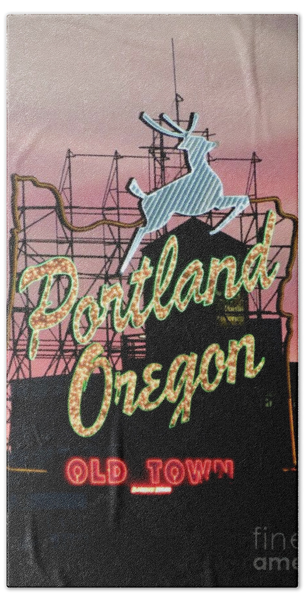 Portland Bath Towel featuring the photograph Portland Sign at Burnside by Tom Maxwell