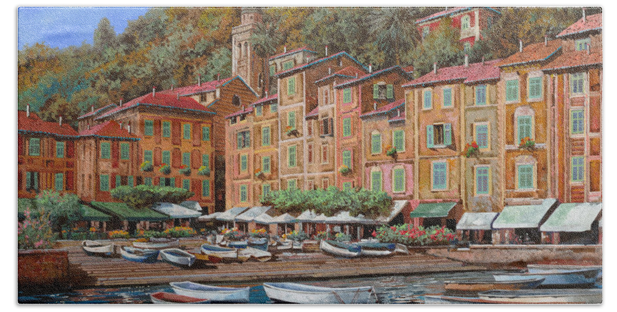 Portofino Hand Towel featuring the painting Portofino-La Piazzetta e le barche by Guido Borelli
