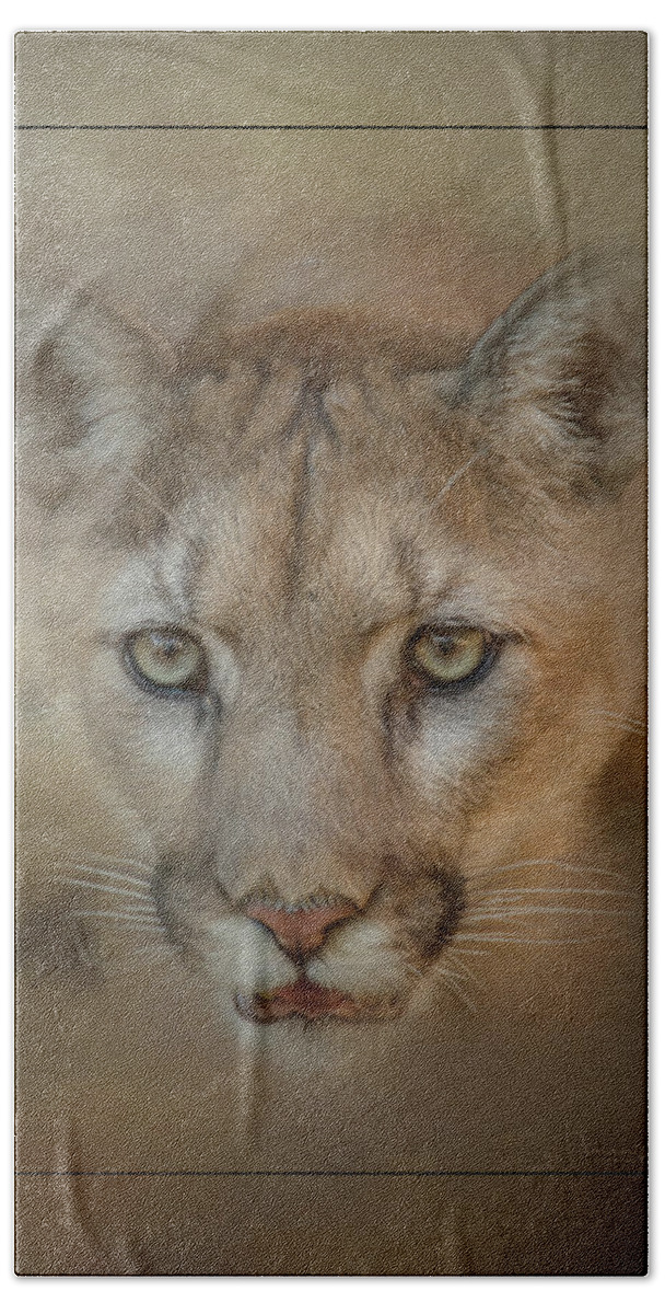 Wildlife Hand Towel featuring the mixed media Portrait of a Mountain Lion by Teresa Wilson