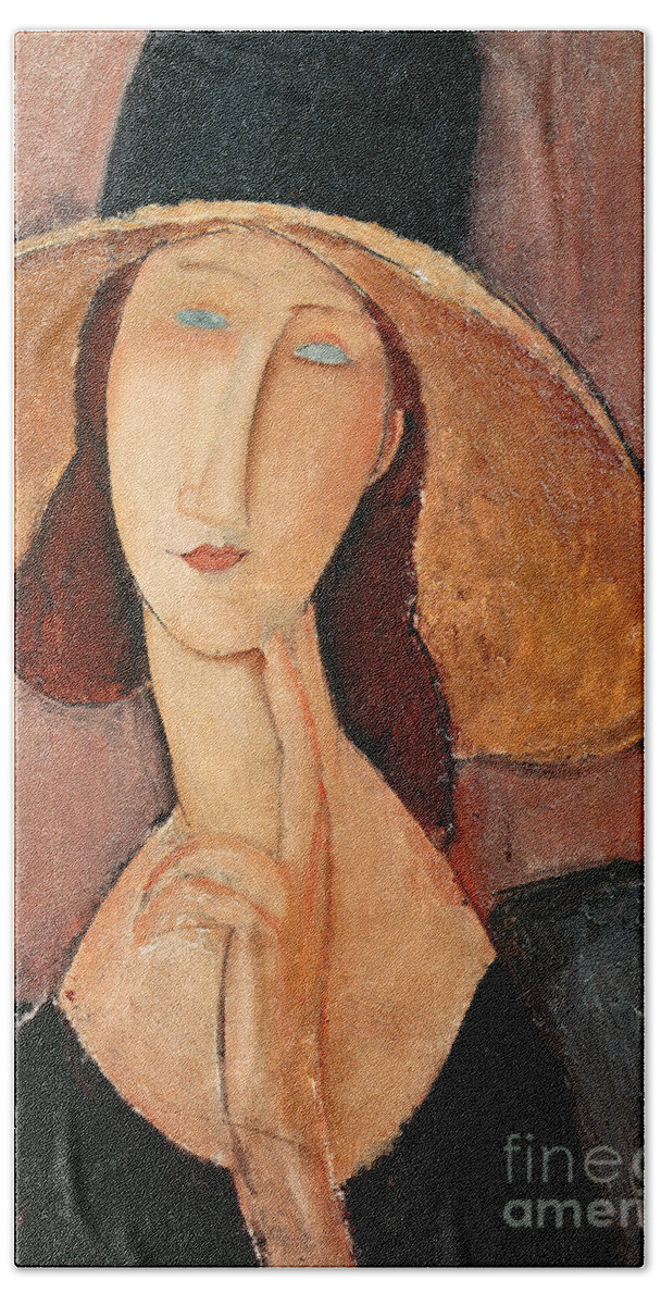 Portrait Hand Towel featuring the painting Portrait of Jeanne Hebuterne in a large hat by Amedeo Modigliani