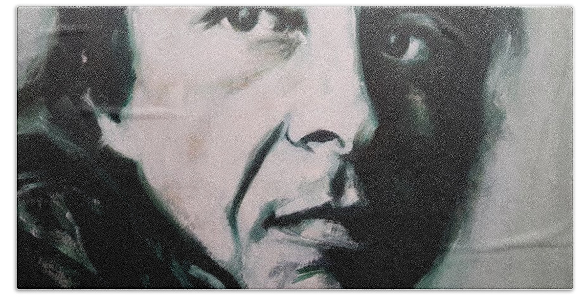 Leonard Cohen Hand Towel featuring the painting Portrait of Leonard Cohen by Christel Roelandt