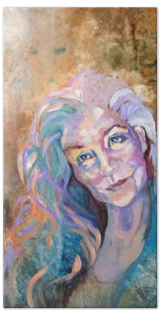 Woman Bath Towel featuring the painting Portrait of the Artist by Barbara O'Toole