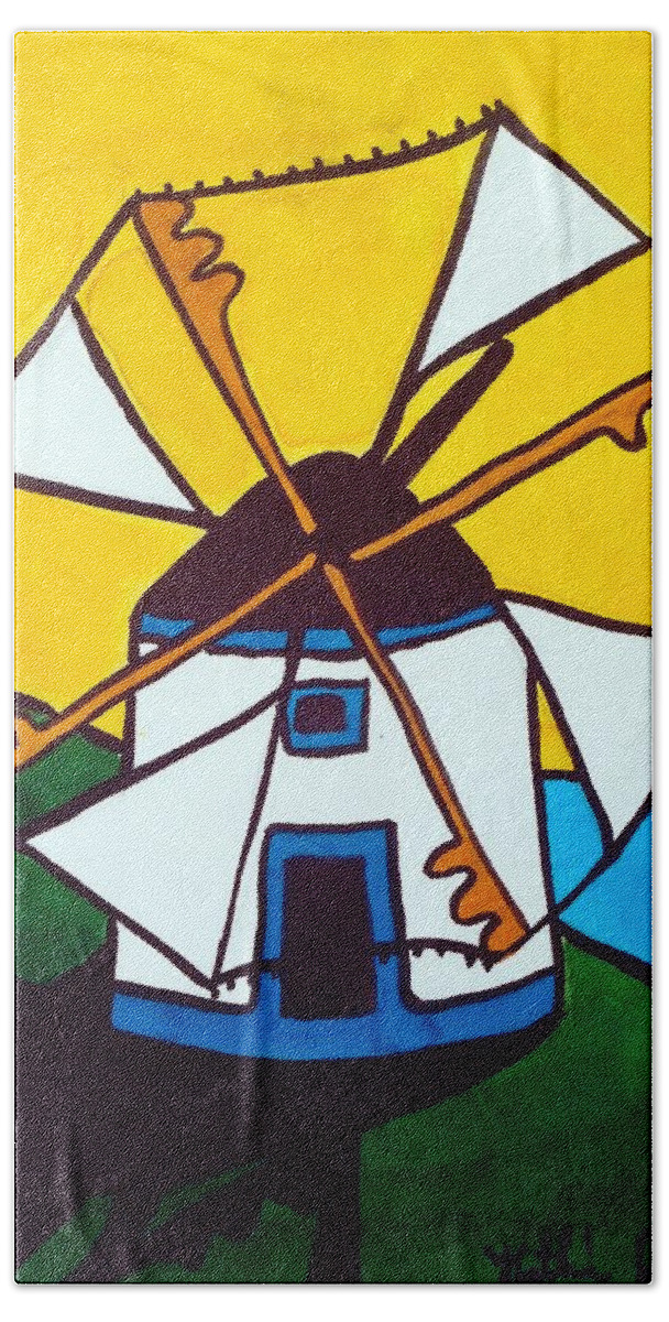 Windmill Hand Towel featuring the painting Portuguese Singing Windmill by Dora Hathazi Mendes by Dora Hathazi Mendes