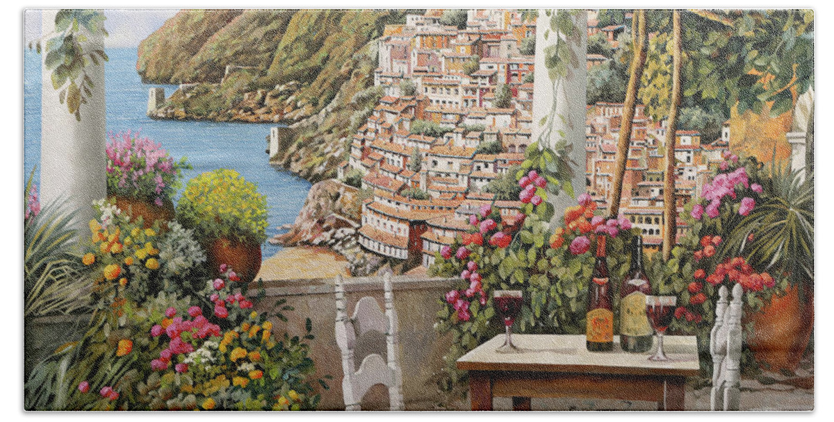 Positano Hand Towel featuring the painting aperitivo sulla terrazza di Positano by Guido Borelli
