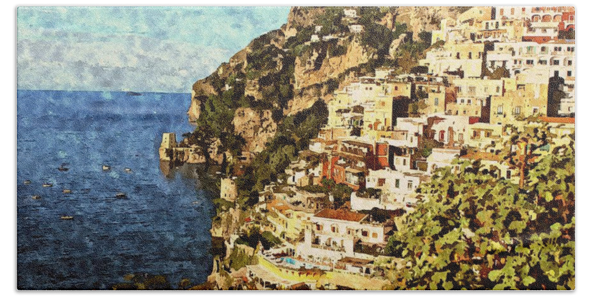 Positano Bath Towel featuring the mixed media Positano Watercolor by Mary Pille