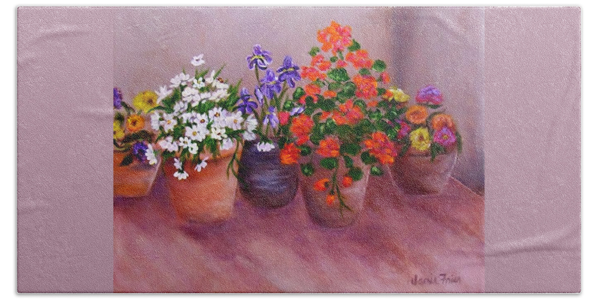 Flowers Hand Towel featuring the painting Pots of Flowers by Jamie Frier