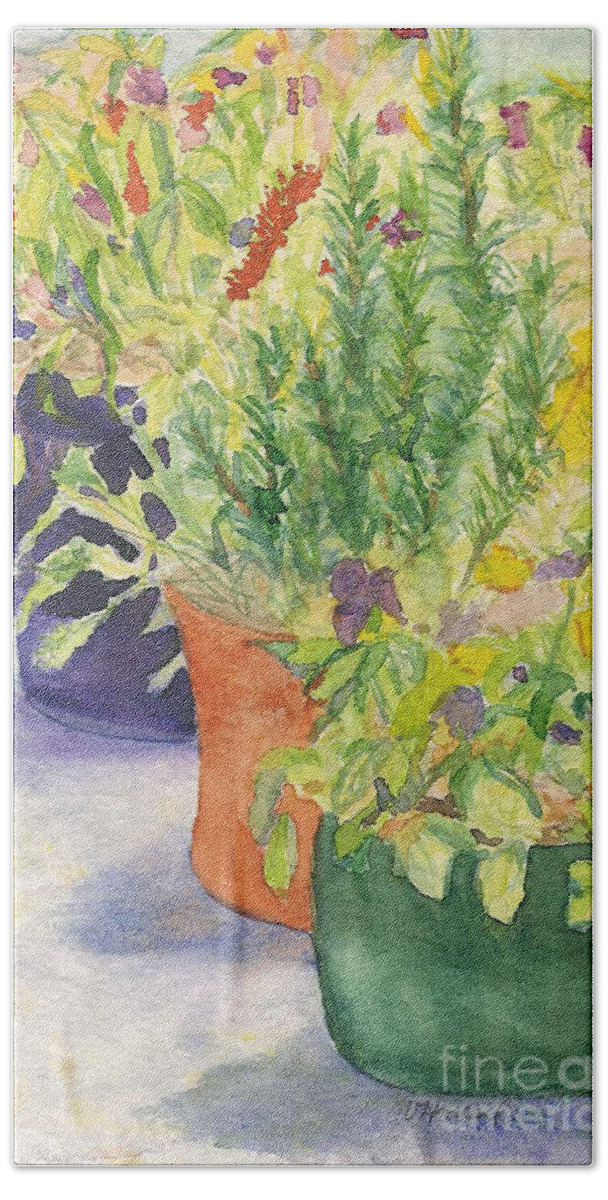 Potted Plants Hand Towel featuring the painting Potted Beauties by Vicki Housel