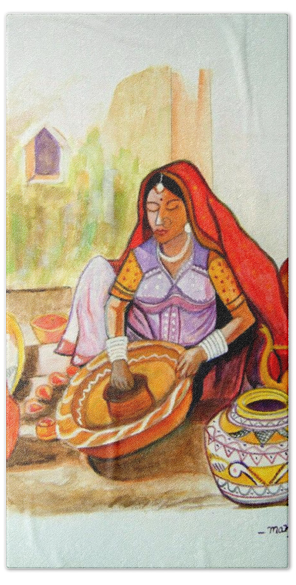 Rajasthan Bath Sheet featuring the photograph Potters Wife-Rajasthani by Manjiri Kanvinde