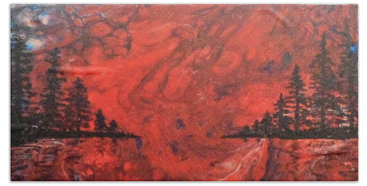 Pour Bath Towel featuring the painting Pour - Red and Pines by Monika Shepherdson