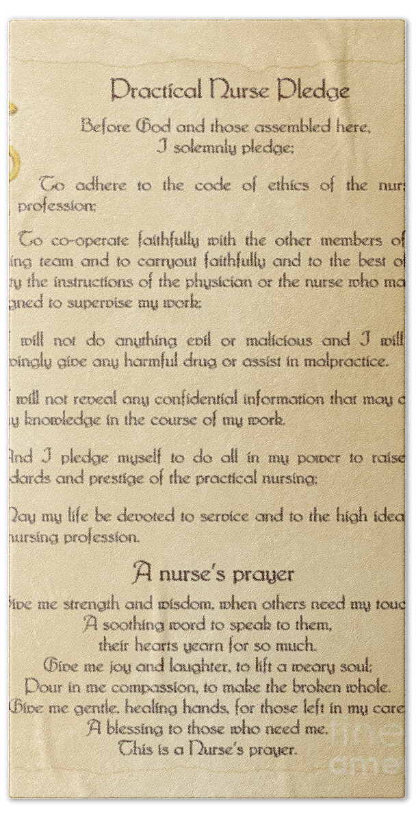 Practical Nurse Pledge Bath Towel featuring the digital art Practical Nurse Pledge and Prayer by Olga Hamilton